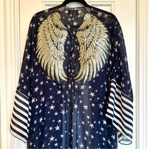 MEET ME IN MIAMI Navy Blue & White Duster / Kimono / w/ Sequin Gold Wings NWOT!